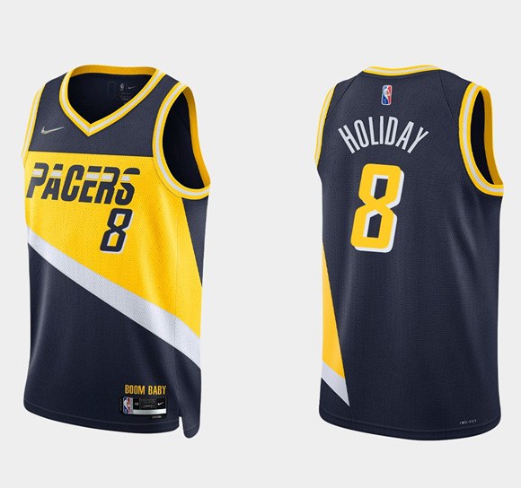 Men's Indiana Pacers #8 Justin Holiday 2021/22 Navy City Edition 75th Anniversary Stitched Basketball Jersey Men's Indiana Pacers #8 Justin Holiday 2021/22 Navy City Edition 75th Anniversary Stitched Basketball Jersey